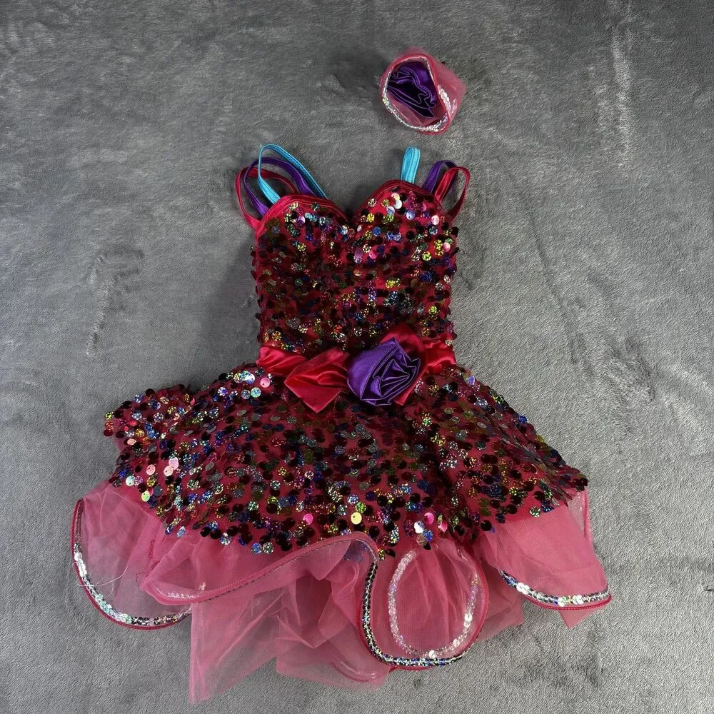 Weissman Dance Costume Girls XS Pink Sequin Tutu Dress Rainbow Straps Headpiece